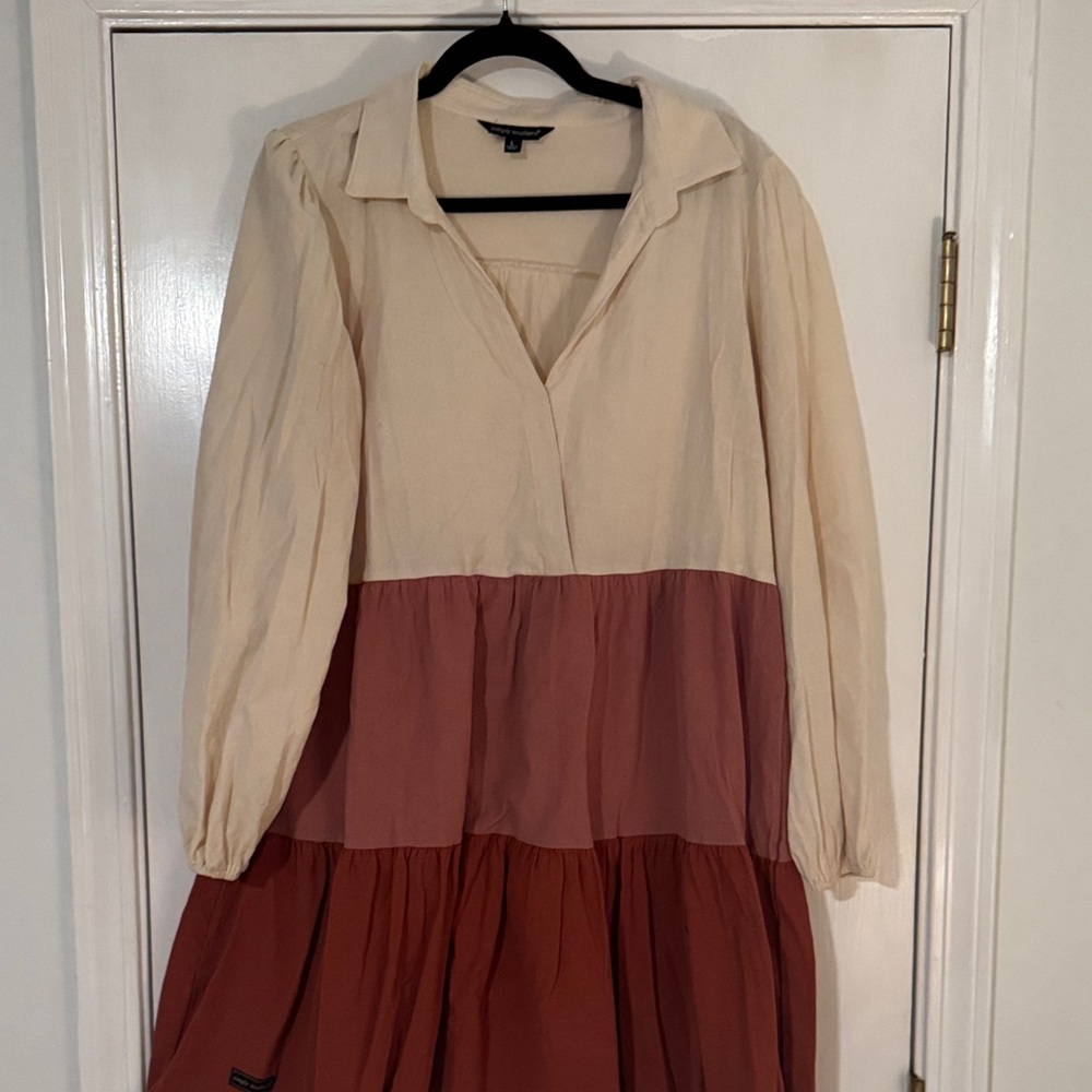 Long Sleeve Simply Southern Colorblock Tiered Dress in Cream and Rust